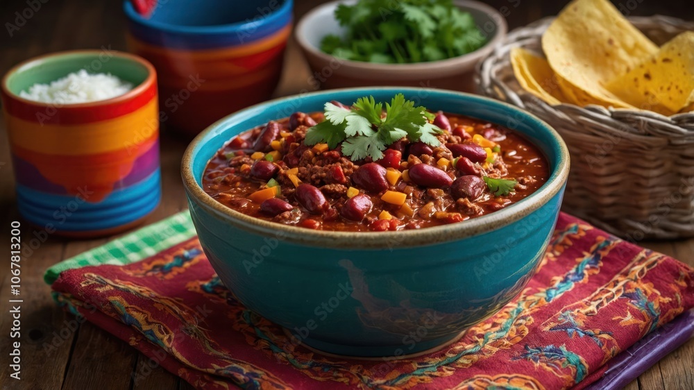 A vibrant bowl of chili topped with cilantro, surrounded by rice, tortillas, and fresh herbs. A vibrant bowl of chili topped with cilantro, surrounded by rice, tortillas, and fresh herbs.