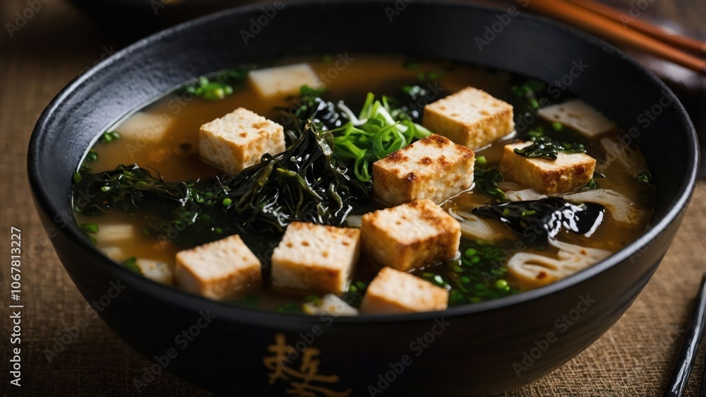 A bowl of soup featuring tofu, seaweed, and green onions, served for a nourishing meal. A bowl of soup featuring tofu, seaweed, and green onions, served for a nourishing meal.