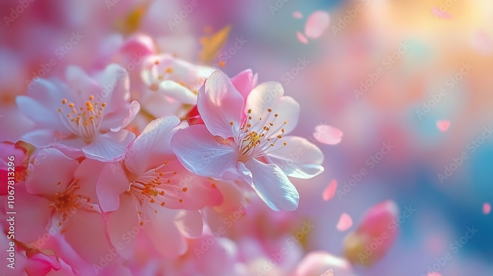 Delicate pink cherry blossoms in full bloom with petals falling in the gentle breeze. Delicate pink cherry blossoms in full bloom with petals falling in the gentle breeze.