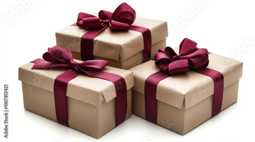 Gift boxes wrapped in eco-friendly paper and adorned with red ribbons, isolated against a clean white background.