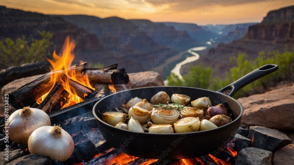 A skillet with saut?ed vegetables over a campfire, set against a scenic landscape. A skillet with saut?ed vegetables over a campfire, set against a scenic landscape.