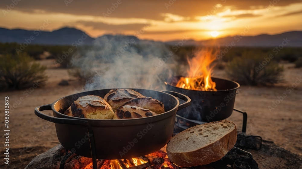 Bread baking over an open fire at sunset in a desert landscape. Bread baking over an open fire at sunset in a desert landscape.