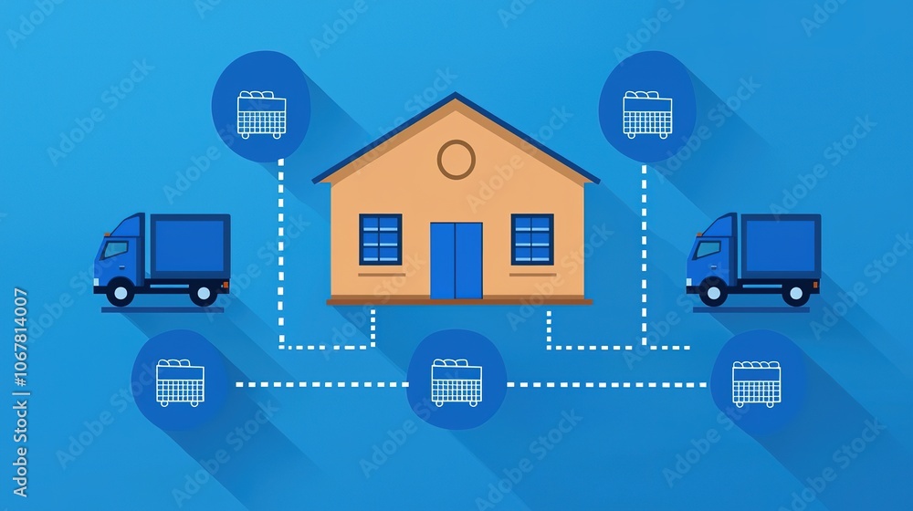 A graphic showing a house connected to delivery trucks and services, illustrating logistics and supply chain management. A graphic showing a house connected to delivery trucks and services, illustrating logistics and supply chain management.