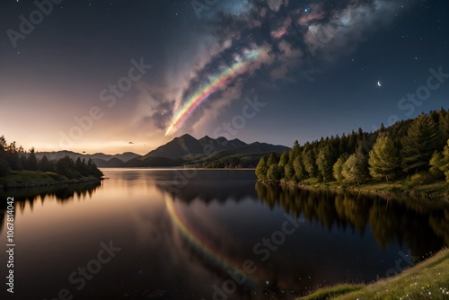 Rare lunar rainbow glowing over a quiet lake at midnight