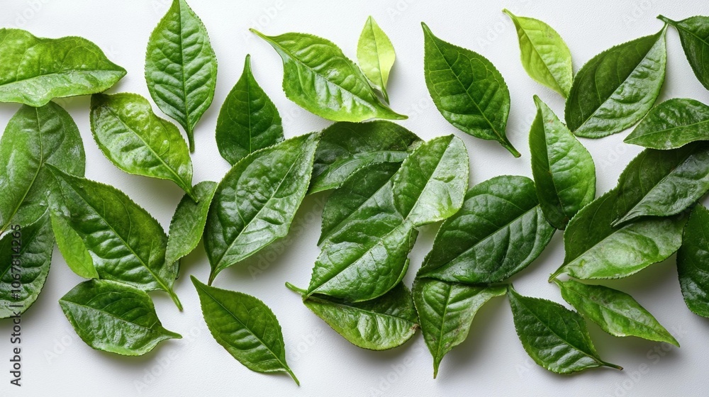 Green Tea Leaves Flat Lay. Generative AI Green Tea Leaves Flat Lay. Generative AI