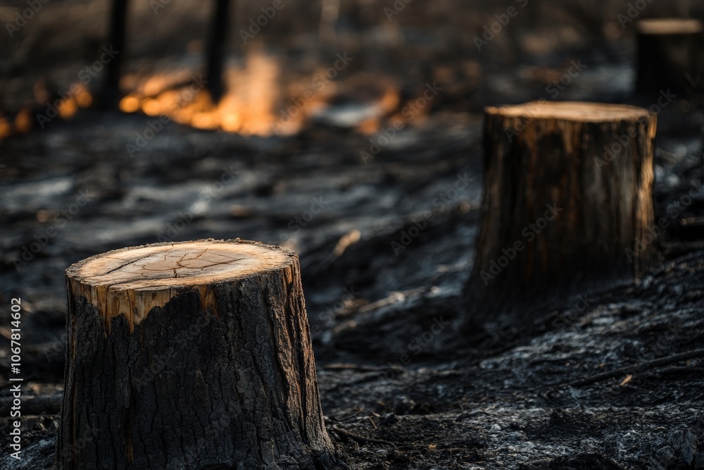 A sobering scene of charred ground dotted with blackened tree stumps after a forest fire, emphasizing the destructive force of wildfires and their environmental impact. A sobering scene of charred ground dotted with blackened tree stumps after a forest fire, emphasizing the destructive force of wildfires and their environmental impact.