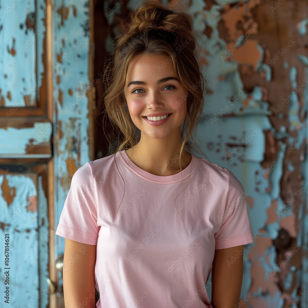 Woman Smiling in Plain Light Pink Bella Canvas 3001 T-Shirt with Updo Hair in Studio Setting Woman Smiling in Plain Light Pink Bella Canvas 3001 T-Shirt with Updo Hair in Studio Setting