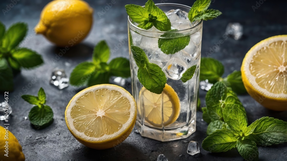 A refreshing drink with lemon and mint, surrounded by fresh ingredients and ice. A refreshing drink with lemon and mint, surrounded by fresh ingredients and ice.