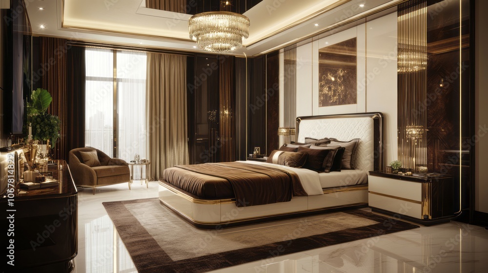 Luxurious Modern Bedroom with a Large Bed and Gold Accents Luxurious Modern Bedroom with a Large Bed and Gold Accents