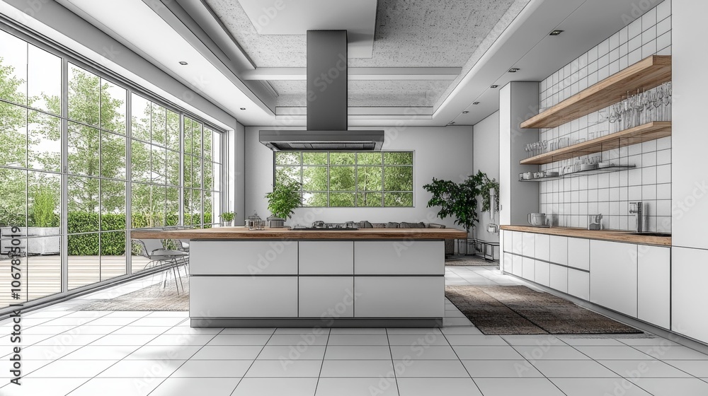 Modern White Kitchen with Island and Cabinets. Generative AI Modern White Kitchen with Island and Cabinets. Generative AI