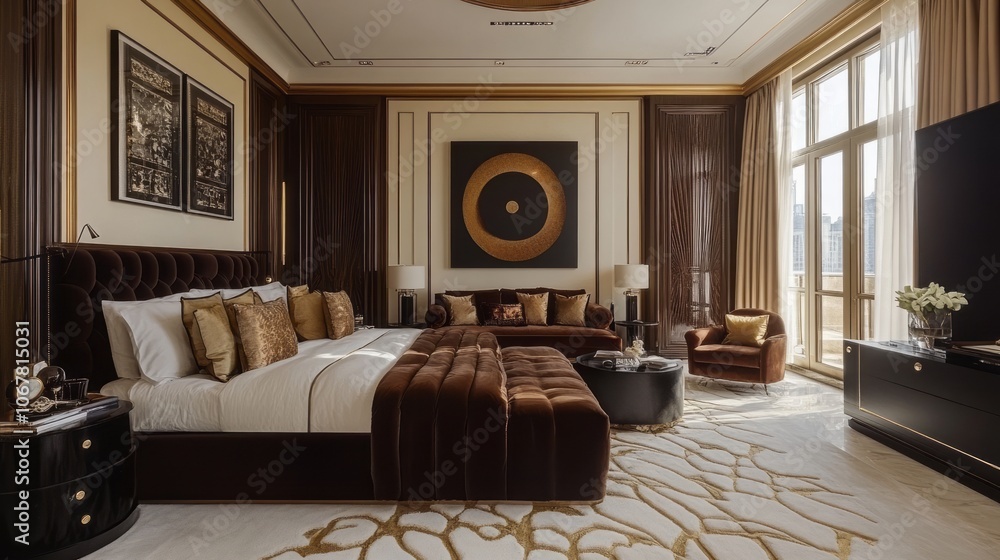 Fototapeta premium Luxurious Bedroom Interior with Gold Accents and City Views