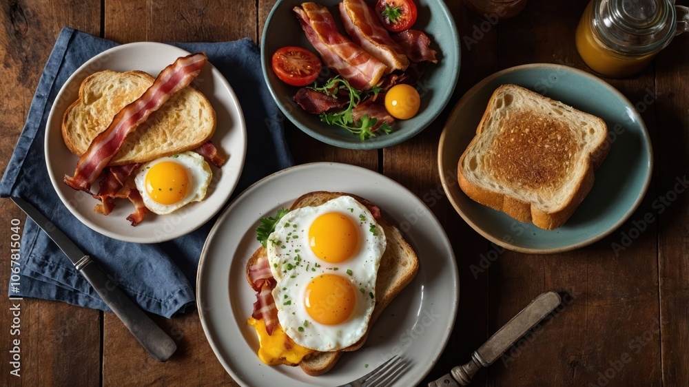 A hearty breakfast featuring eggs, bacon, and toast on rustic wooden table. A hearty breakfast featuring eggs, bacon, and toast on rustic wooden table.