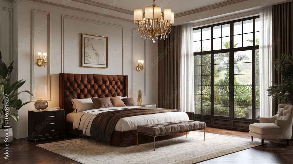 Luxurious Bedroom Interior with Large Window and Elegant Furniture Luxurious Bedroom Interior with Large Window and Elegant Furniture