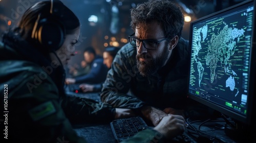 Military personnel intently studying screen displays in a dimly-lit control room, coordinating operations with advanced technology and strategic focus.