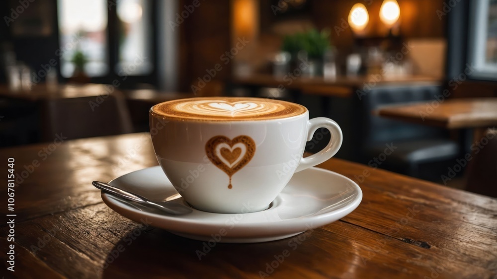 A latte with heart art sits on a wooden table in a cozy caf? setting. A latte with heart art sits on a wooden table in a cozy caf? setting.