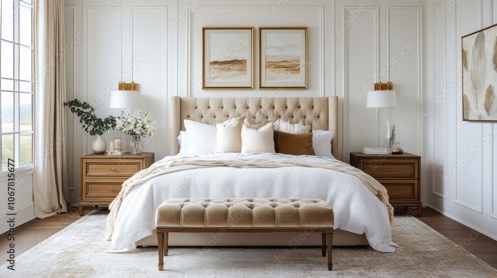 A Luxurious Bedroom Interior with a Tufted Upholstered Bed and Matching Bench A Luxurious Bedroom Interior with a Tufted Upholstered Bed and Matching Bench