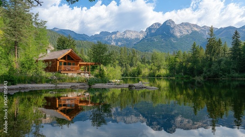 Alpine lake with mountain reflections and a cozy cabin on the shore, surrounded by lush greenery