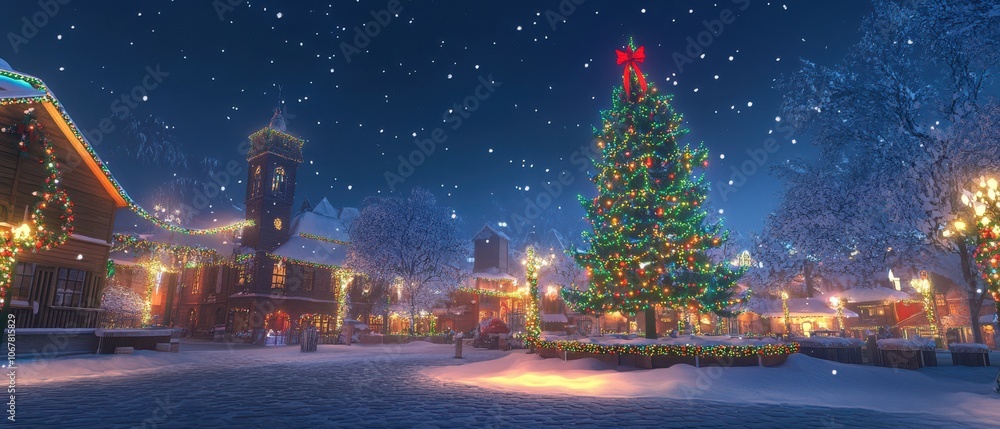 Explore the enchanting winter landscape of a snowcovered town square bathed in colorful christmas lights Explore the enchanting winter landscape of a snowcovered town square bathed in colorful christmas lights
