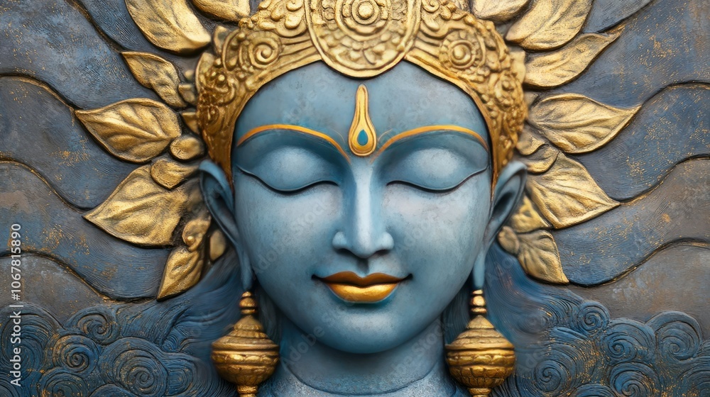 Artistic representation of Lord Vishnu in meditation, symbolizing peace and cosmic harmony with soothing blue and golden tones Artistic representation of Lord Vishnu in meditation, symbolizing peace and cosmic harmony with soothing blue and golden tones