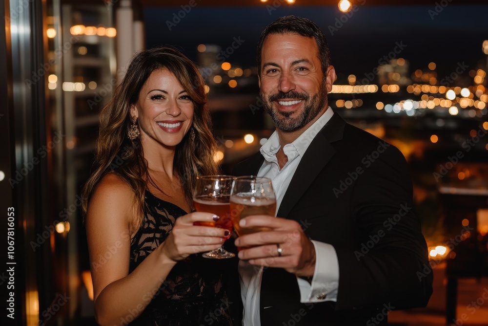 A stylish couple wearing elegant attire toasts with beers on a balcony, set against a backdrop of softly glowing city lights, exuding sophistication and joy. A stylish couple wearing elegant attire toasts with beers on a balcony, set against a backdrop of softly glowing city lights, exuding sophistication and joy.