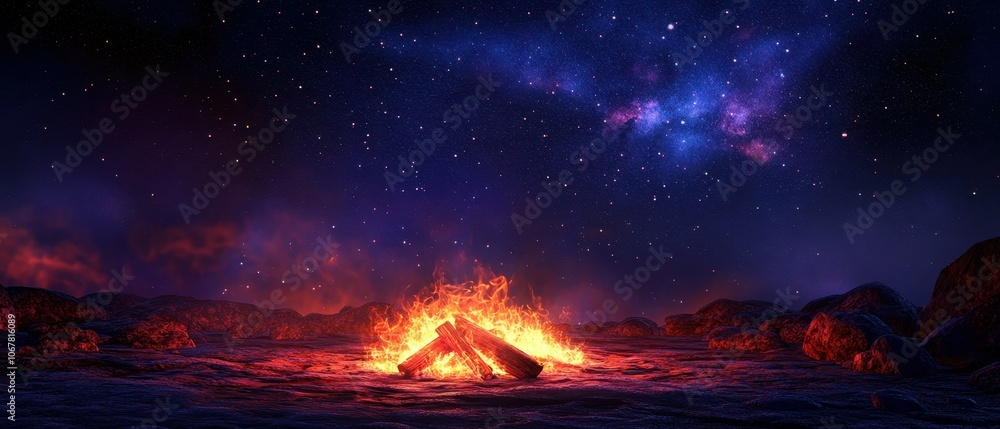 Experience the serenity of a warm campfire glowing under a starry winter sky in abstract beauty with free copy space Experience the serenity of a warm campfire glowing under a starry winter sky in abstract beauty with free copy space