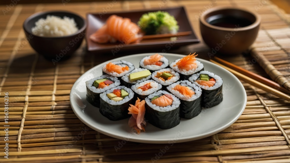A plate of sushi featuring various rolls, garnished with wasabi and accompanied by rice. A plate of sushi featuring various rolls, garnished with wasabi and accompanied by rice.