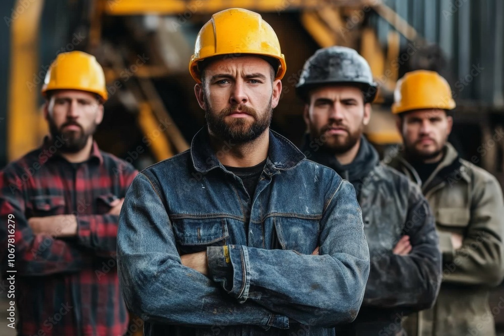 A determined construction worker, donning a denim jacket and hardhat, stands confidently in front of heavy machinery, ready to tackle the challenges ahead. A determined construction worker, donning a denim jacket and hardhat, stands confidently in front of heavy machinery, ready to tackle the challenges ahead.
