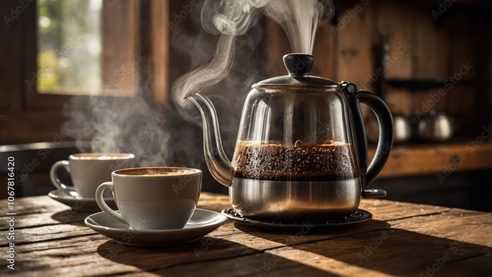 A steaming kettle and cups of coffee on a wooden table, creating a cozy atmosphere. A steaming kettle and cups of coffee on a wooden table, creating a cozy atmosphere.