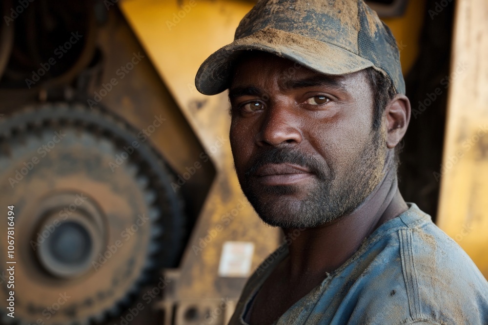 A rugged worker poses amidst a dusty, industrial setting, with robust machinery in the background, capturing the essence of toil, strength, and perseverance. A rugged worker poses amidst a dusty, industrial setting, with robust machinery in the background, capturing the essence of toil, strength, and perseverance.
