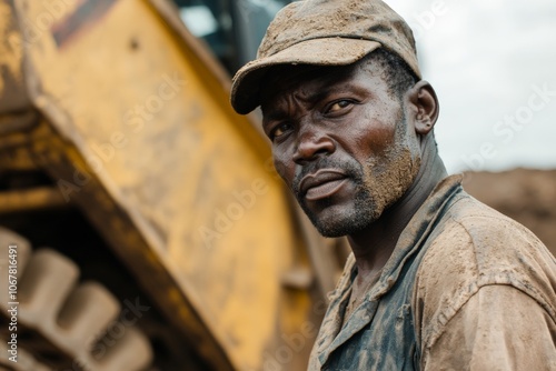 A focused worker, dust-streaked and resolute, stands confidently beside a powerful construction vehicle, embodying hard work, determination, and dedication.