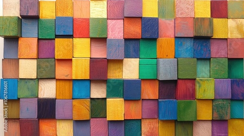 Colorful arrangement of wooden blocks forming a grid, with each block in a different bright color, enhancing visual appeal