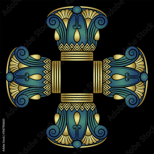 Square cross shape frame with ethnic ancient Egyptian motifs. Geometrical ornament with stylized lotus flowers. Gold and blue design on black background.