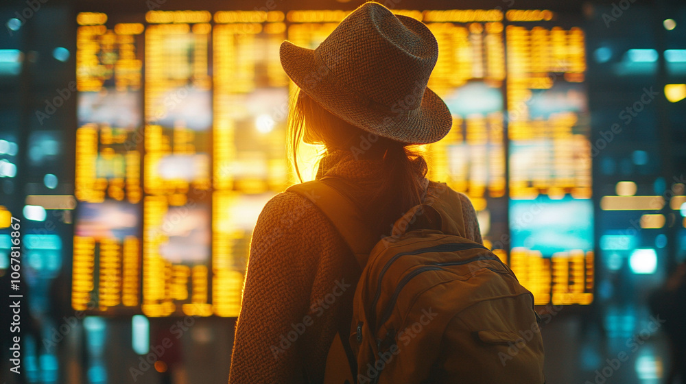 woman in an airport terminal gazes at flight departure boards, reflecting feelings of anticipation, travel decisions, and journey planning amidst a busy, modern travel setting woman in an airport terminal gazes at flight departure boards, reflecting feelings of anticipation, travel decisions, and journey planning amidst a busy, modern travel setting