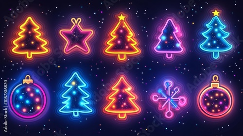 Neon Christmas Decoration Set with Glowing Festive Shapes. Generative AI photo