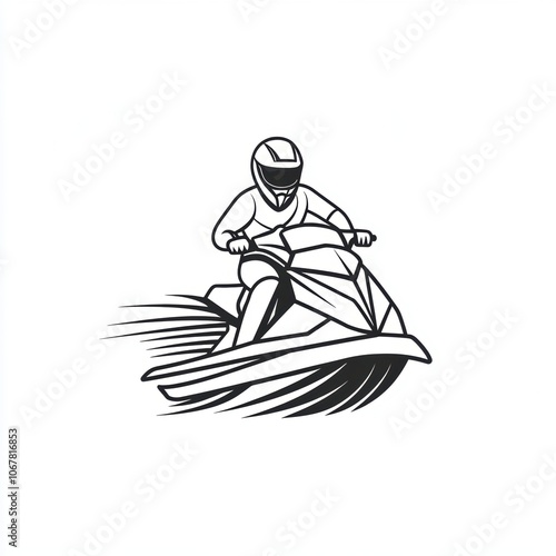 Artistic illustration of jetski in water. Flat vector. Summer tropical sports.