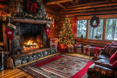 Many Christmas gift boxes arranged by a fireplace in a cozy log cabin interior.