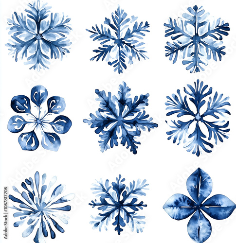 watercolor blue snowflakes collection on a white background, hand-drawn style