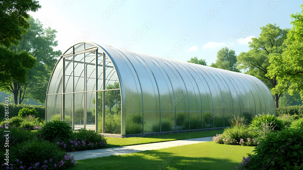A Hyper-Realistic Representation of a Modern Greenhouse with Reflective Foil and Two Prominent Arches from a Low Perspective A Hyper-Realistic Representation of a Modern Greenhouse with Reflective Foil and Two Prominent Arches from a Low Perspective