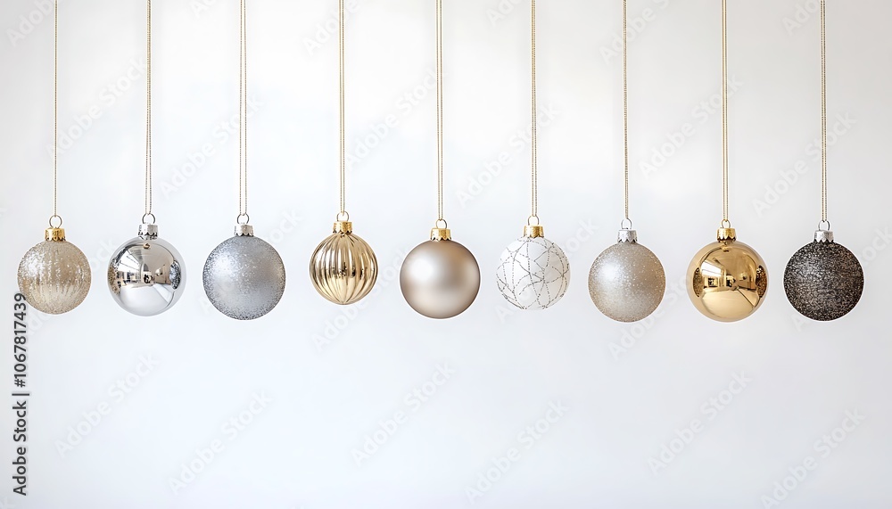 A white background adorned with elegant gold and silver Christmas ornaments, providing a stylish backdrop with room for text. A white background adorned with elegant gold and silver Christmas ornaments, providing a stylish backdrop with room for text.
