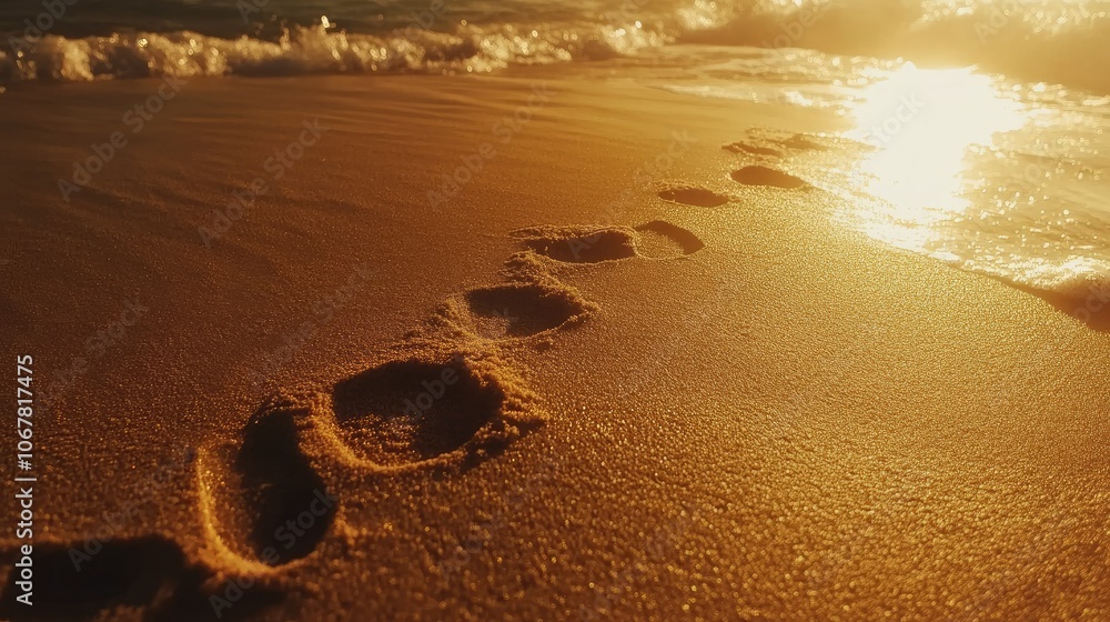 Footsteps in the sand leading to the ocean, with gentle waves and warm sun rays creating a tranquil summer vibe Footsteps in the sand leading to the ocean, with gentle waves and warm sun rays creating a tranquil summer vibe