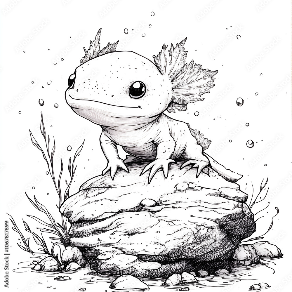 Fototapeta premium cute axolotl sitting on top of an underwater rock, simple line art with a white background 