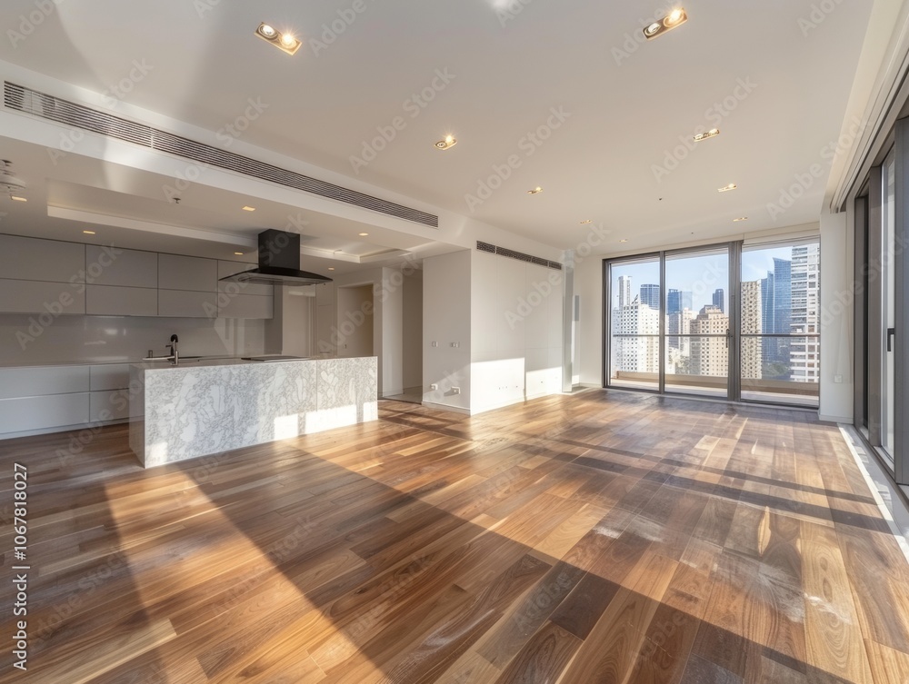 .Empty living room with hardwood floor in modern apartment - ai .Empty living room with hardwood floor in modern apartment - ai