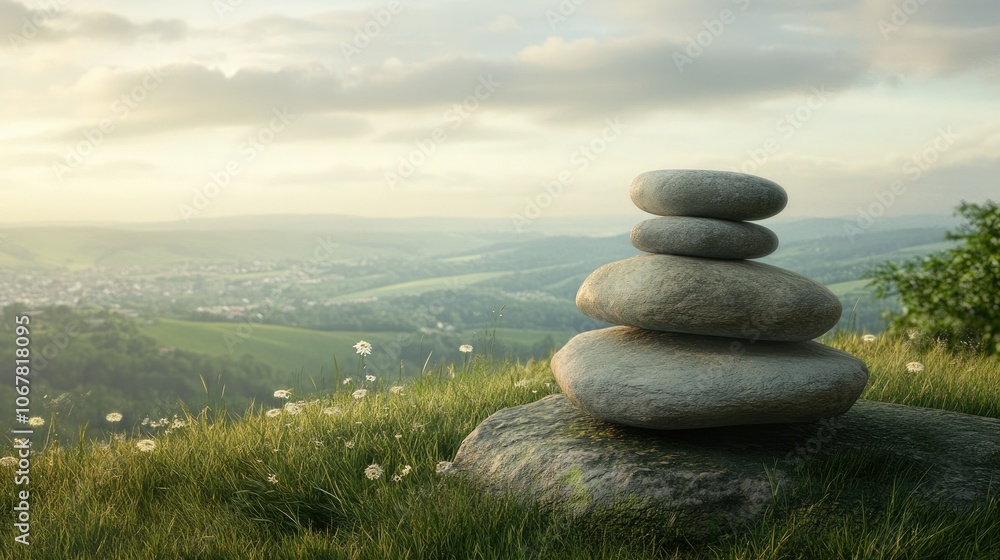 Layered stones on a grassy hilltop, with expansive sky and nature in the background, evoking a sense of calm Layered stones on a grassy hilltop, with expansive sky and nature in the background, evoking a sense of calm