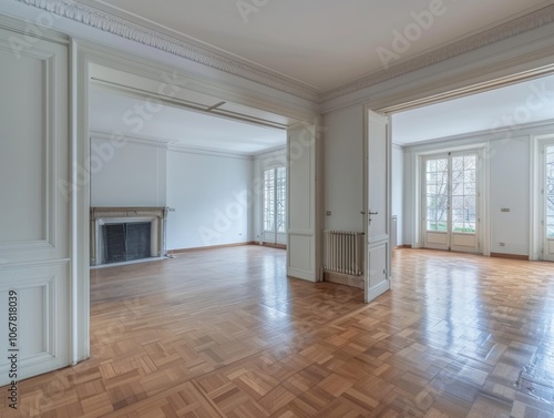 .Empty living room with hardwood floor in modern apartment - ai