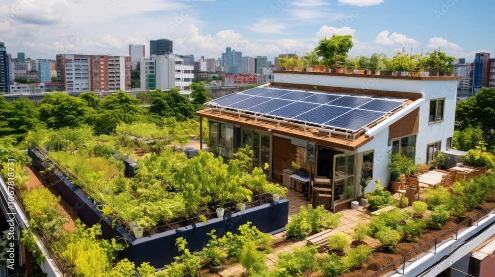 This vibrant rooftop garden boasts neatly arranged plants, solar panels, and city views, blending sustainability with urban life. This vibrant rooftop garden boasts neatly arranged plants, solar panels, and city views, blending sustainability with urban life.