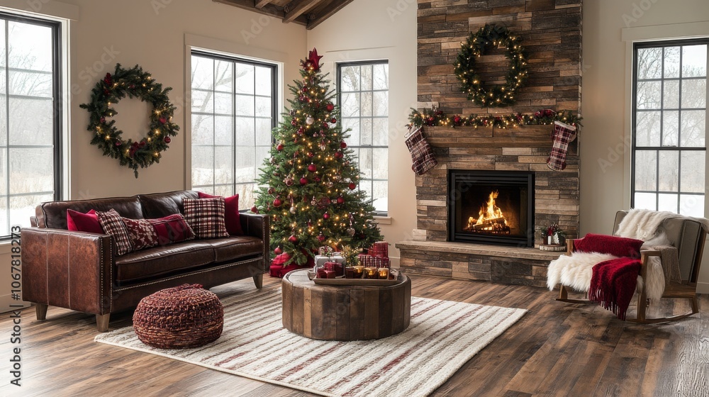 Cozy Christmas Living Room with Fireplace and Decorated Tree Cozy Christmas Living Room with Fireplace and Decorated Tree