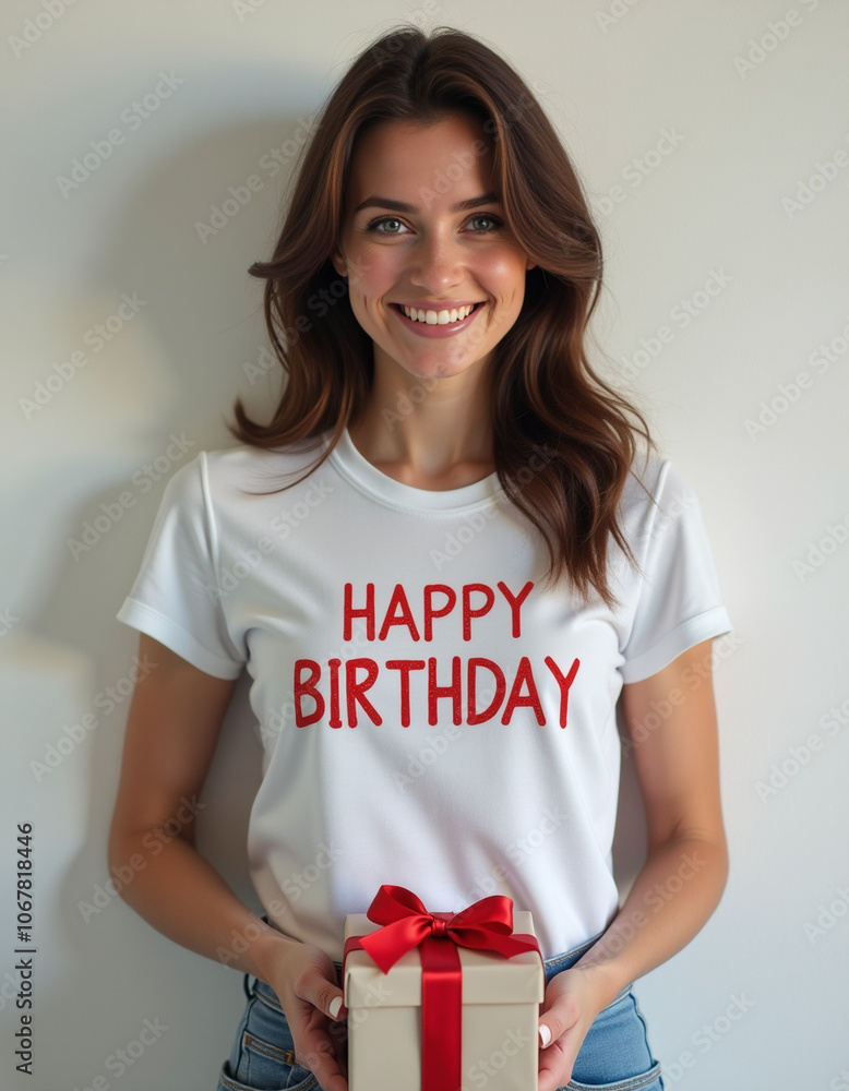 A beautiful brunette woman, smiling, full face sharp view, wearing a white t-shirt, with the words HAPPY BIRTHDAY written in red on the t-shirt. Holding a gift package A beautiful brunette woman, smiling, full face sharp view, wearing a white t-shirt, with the words HAPPY BIRTHDAY written in red on the t-shirt. Holding a gift package