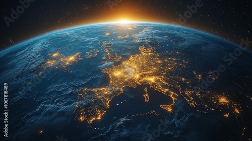 Earth from Space at Sunrise with City Lights. Generative AI