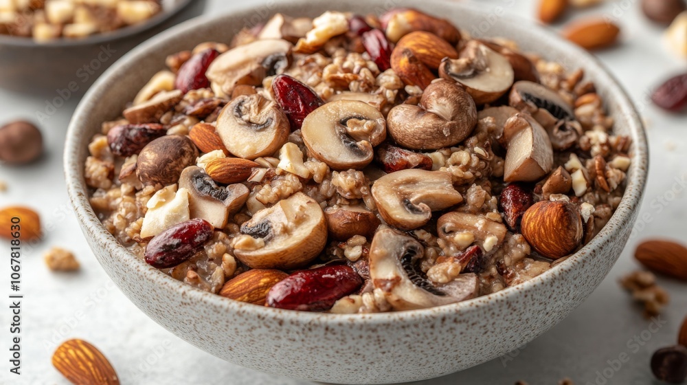 Mushroom Porridge with Nuts and Cranberries Top View on White Background. Generative AI Mushroom Porridge with Nuts and Cranberries Top View on White Background. Generative AI