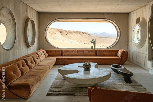 Comfortable orange sofa inviting relaxation in a contemporary desert home interior, boasting large oval windows offering breathtaking views of the arid landscape photo